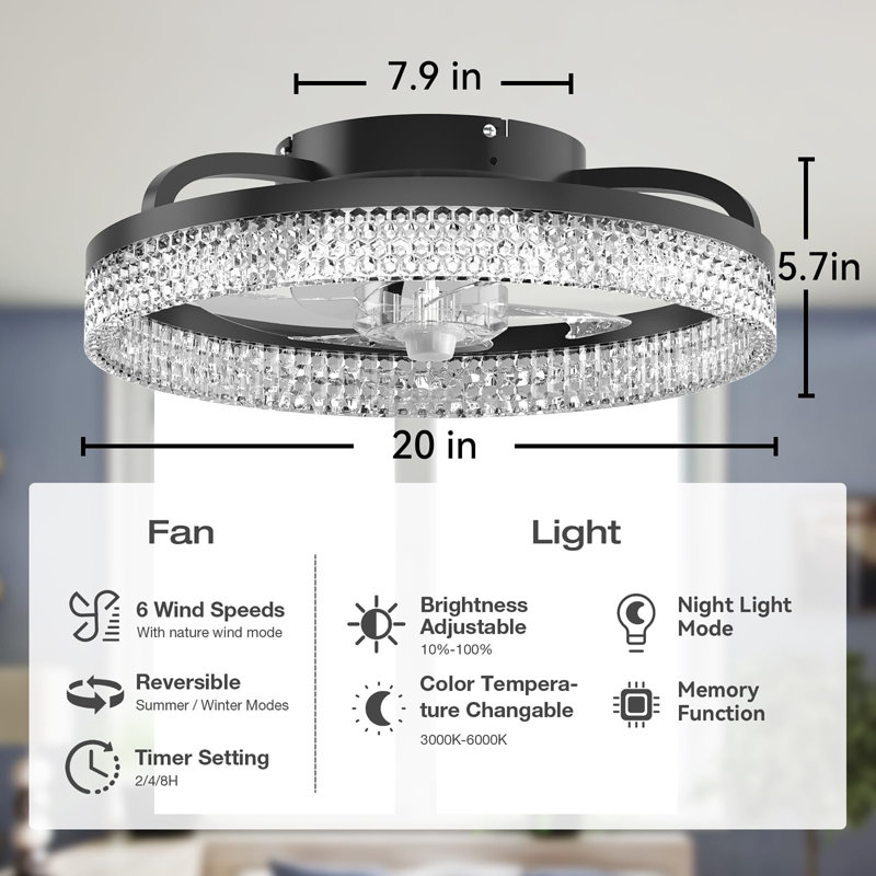 Ventilateurs de plafond 20 pouces avec lumières et télécommande, Noir