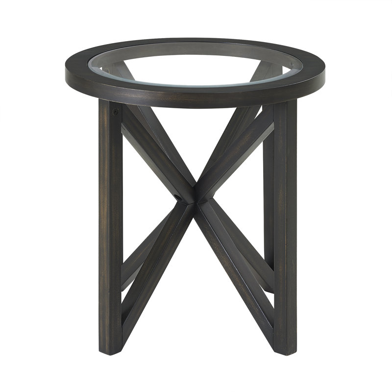 Glass Coffee Table with Solid Wood Base, Black, 22.62" H x 22.13" W x 22.13" D