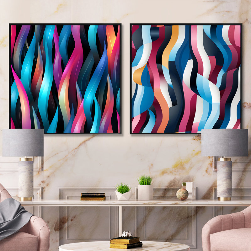 Cinsere - Ensemble de 2 collages de formes carrées abstraites, Cadre flottant noir, H 16 po x l 33 po