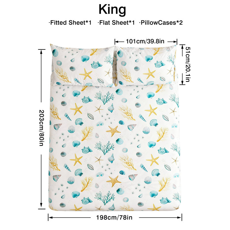 Ensemble de draps pour grand lit 4 pièces - Feuilles de refroidissement respirantes, recto-verso brossées, imprimées - Feuilles pour grand lit ultra-douces, infroissables et infroissables de 16 pouces - Facile à entretenir - Imprimé océan