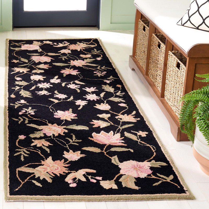 Kinchen Hand Hooked Wool Floral Rug, Runner 2'6" x 6', Black