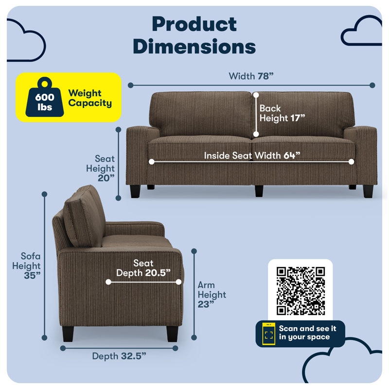 Serta Palisades 78-Inch Track Arm Sofa with Easy-Care Fabric and Pillow Back, Riverfront Brown Microsuede, 78"