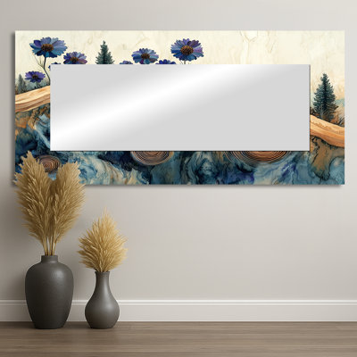 Turquoise cornflowers in Forest River Landscape I - décoration murale miroir floral - imprimé sur métal