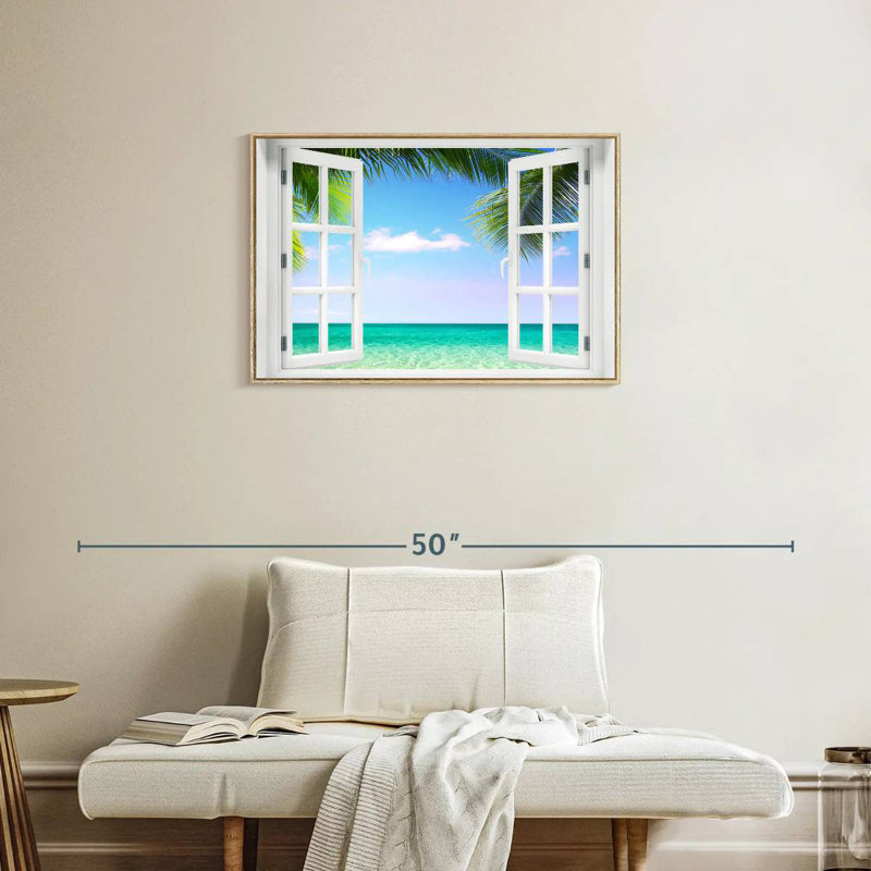 Fenêtre sur la plage turquoise, Cadre flottant en bois naturel, 46 po x 31 po
