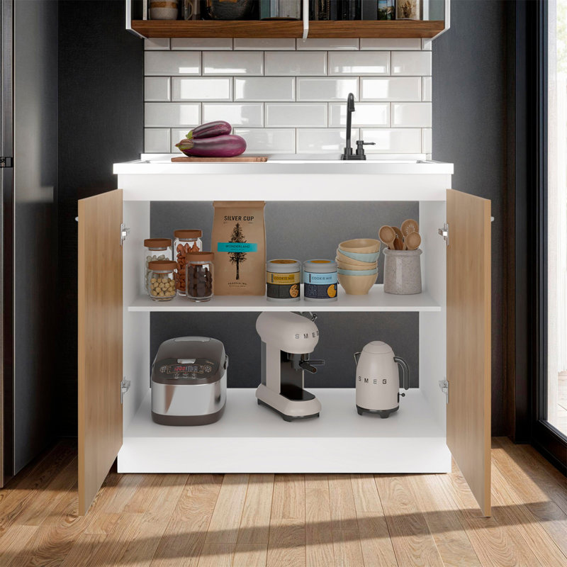 Armoire de rangement en chêne blanc et naturel avec 2 portes et 3 tablettes