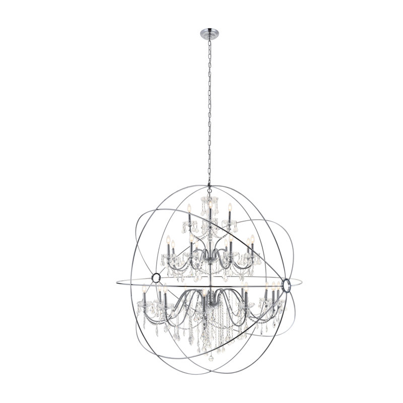 Lustre en forme de globe avec détails en cristal Imina, H 63 po x l 59 po x P 59 po, Chrome, 24 Lights