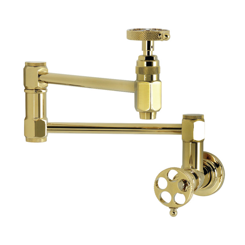 Kingston Webb Two-Handle 1-Hole Wall Mount Pot Filler Faucet With Knurled Handle, Polished Brass