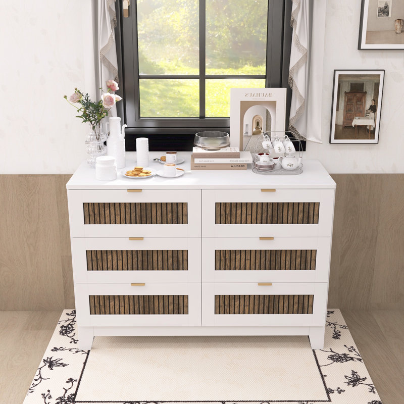 Commode rustique en bois de style ferme avec 6 tiroirs, Blanc