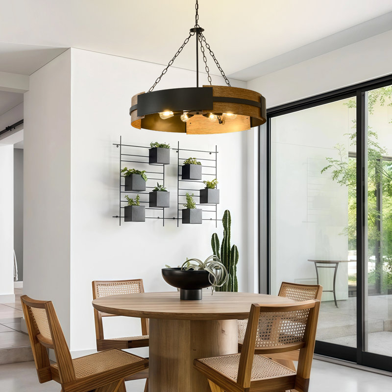 Farmhouse Chandelier for Dining Room, 8-Light 35.43” Rustic Drum Chandeliers Black and Brown Metal Wood Grain Round Pendant  Lighting for Kitchen Island Foyer Entryway Living Room