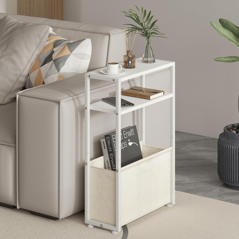 Slim White Metal Side Table with Fabric Basket