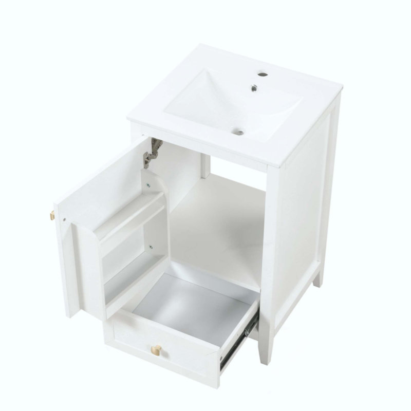 Meuble-lavabo avec lavabo, armoire de salle de bain avec porte à fermeture douce, support de rangement et tiroir, Blanc