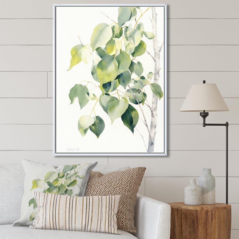 «White Green Minimalisme Eucalyptus Essence» sur toile, Cadre flottant blanc, H 32 po x l 16 po x P 1,5 po