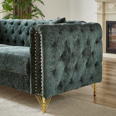 Salon en chenille de 60 pouces, conception à boucle, boutons et accoudoirs ornés de clous en cuivre, canapé rembourré moderne avec pieds en métal, capitonnage et décoration à boutons, pieds, 2
