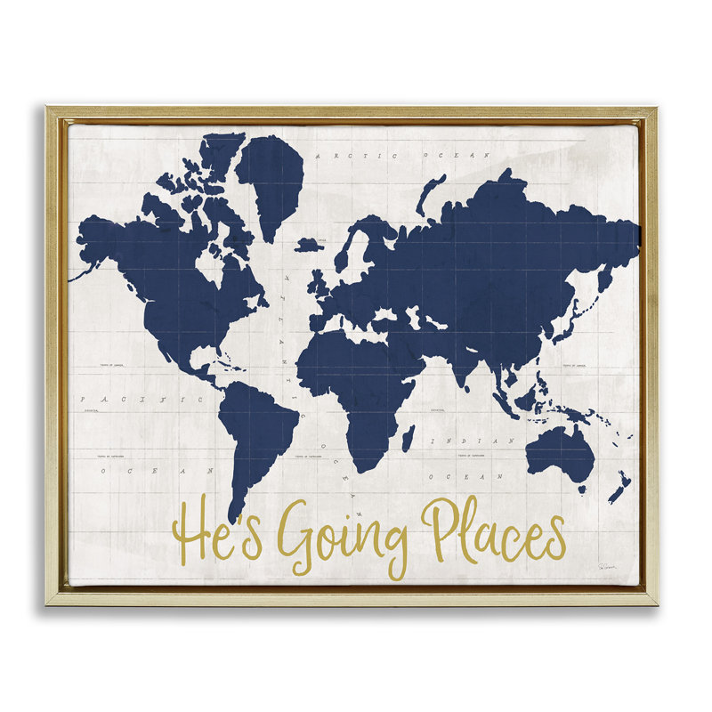 "Going places Boy's Map", art mural sur toile flottante noire par Sue Schlabach, Cadre flottant métallique doré