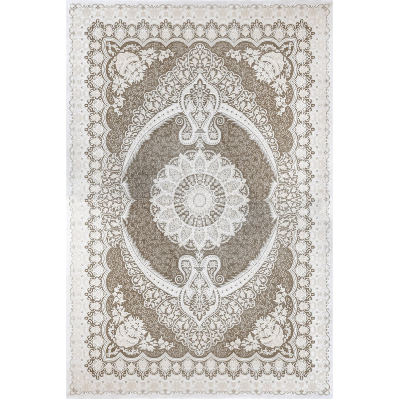 Tapis crème oriental tissé antidérapant à imprimé numérique lavable à la machine