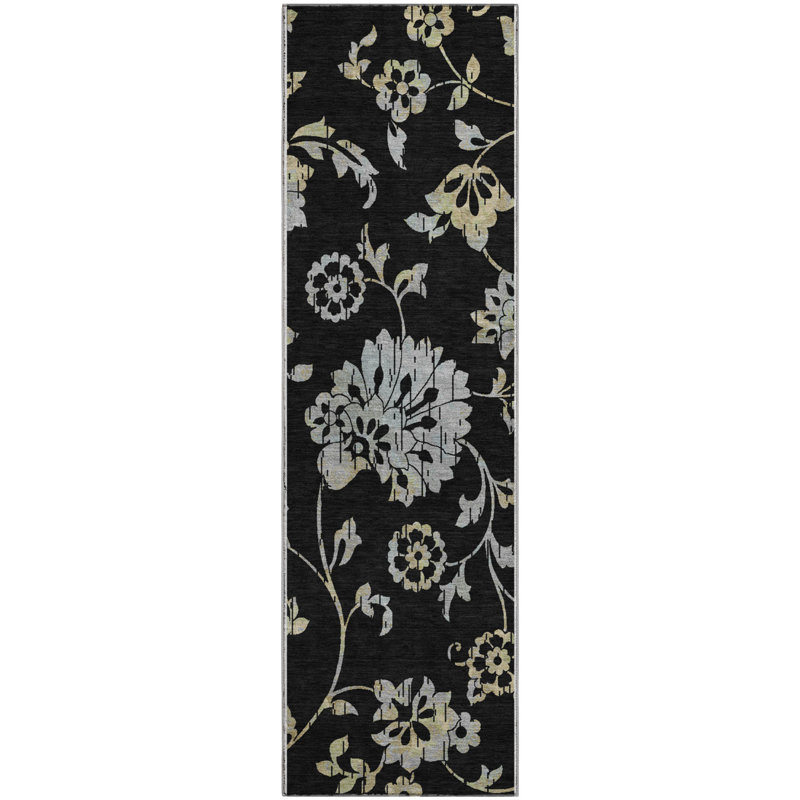 Premium Machine Washable Prisco Black Rug, Runner 2'3" x 7'6"