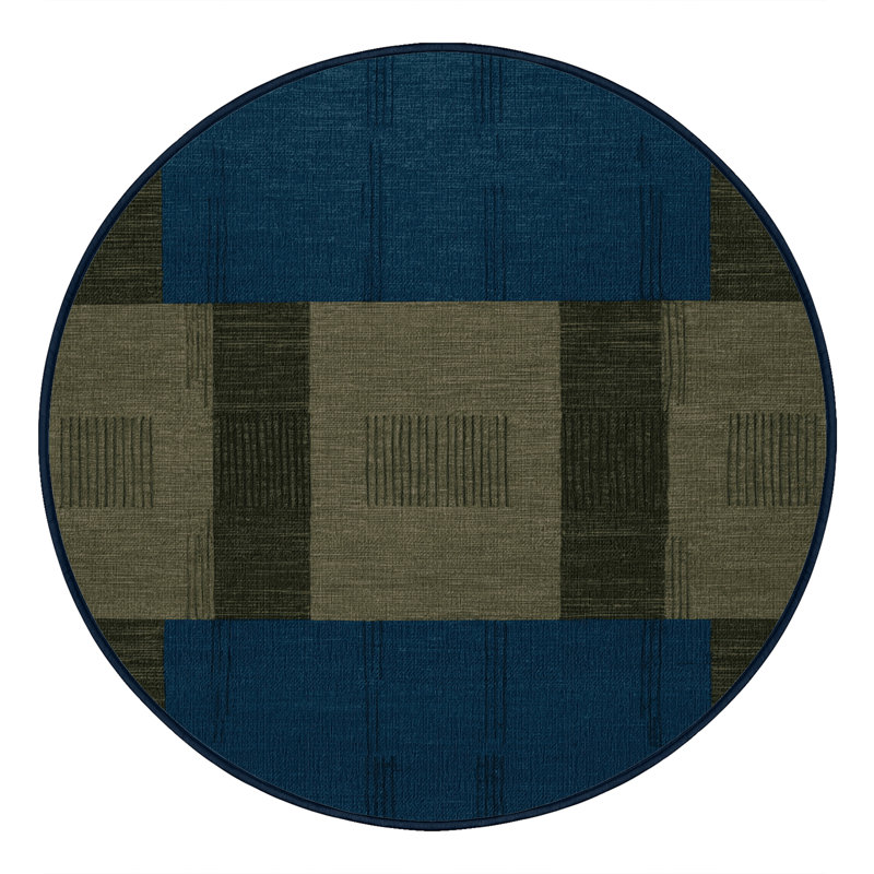 Tapis bleu à carreaux lavable à la machine, Rond 3 pi