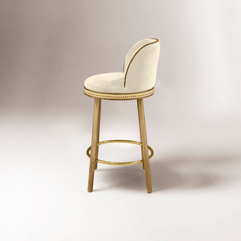 Alma Upholstered Stool with Solid Wood Frame, Bar Stool (30" Seat Height), Nuage, Satin Brass