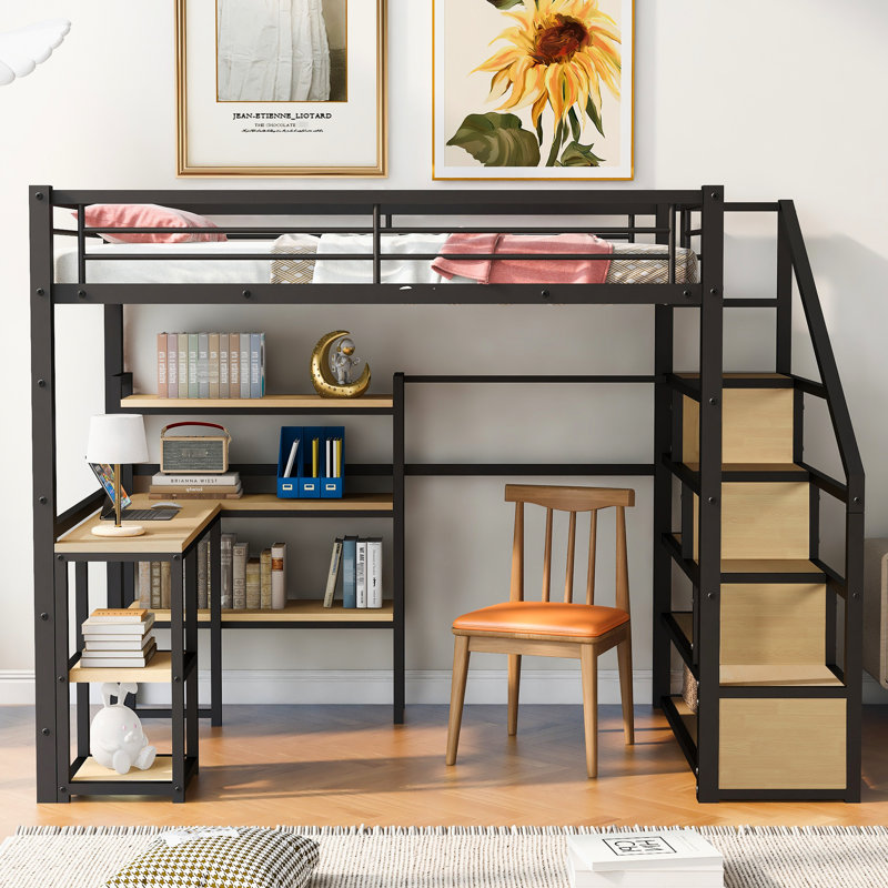 Lit mezzanine double noir avec escalier et bureau / tablettes pratiques - structure en métal, espace de rangement supplémentaire, sans sommier tapissier et structure robuste et pratique, requis pour une chambre à coucher de qualité
