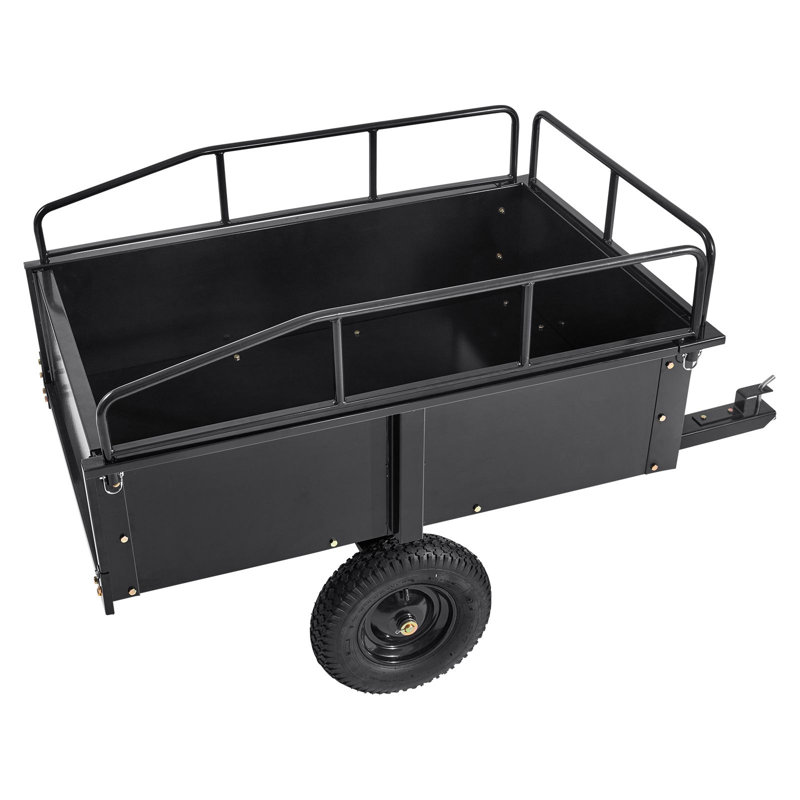 Chariot à benne robuste en acier pour VTT, capacité de 750 lb, 15 pieds cubes, acier, 1 pièce, remorque utilitaire, noir, pneus pneumatiques de 16 po et côtés amovibles