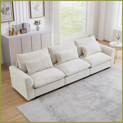 Beige Corduroy 3-Seater Deep Living Room Sofa – Cloud-Like Comfort with 3 Waist Pillows