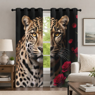 2Pcs Leopard and Red Rose Pattern Curtains, Wild Animal Style Curtain, Creative Bold Wildlife Floral Printed Art Grommet Drapes, Window Treatment for Bedroom Living Room Decor