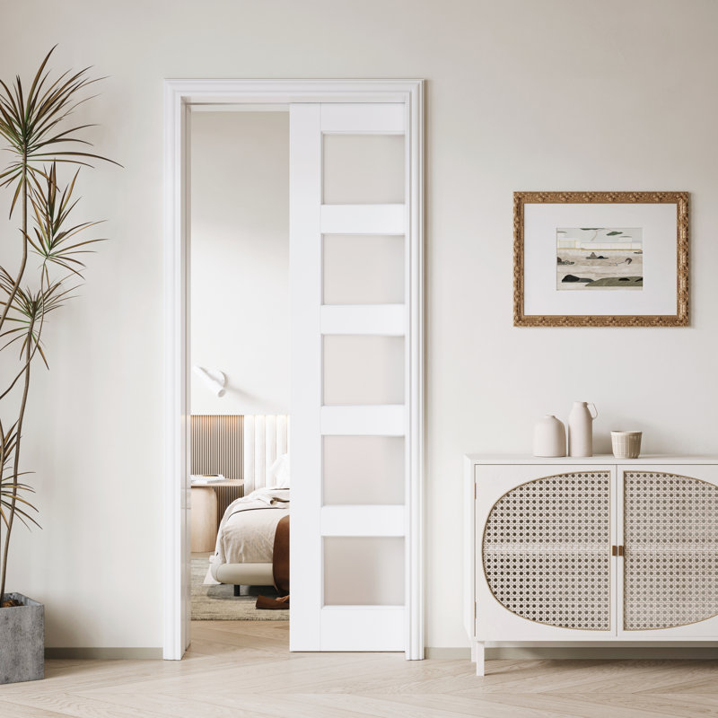 Frosted Glass 5-Lite Sliding Pocket Door White Standard Door with Hardware Kit Set, 32" x 80"