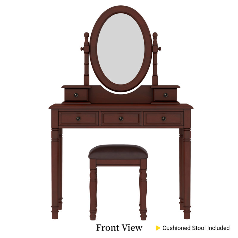 Glamoure Vintage Makeup Vanity Set With Adjustable Mirror And Cushioned Stool, Walnut