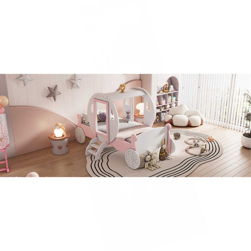 Lit plateforme voiture en bois avec escalier, Blanc / rose 