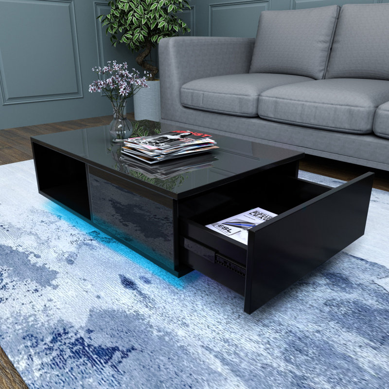 Nelliston LED Coffee Table with Drawer, 43.3" D x 23.6" W x 15.7" H, Black