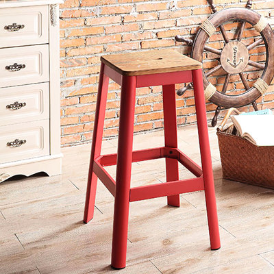 Bar Stool In Natural And Brilliant Red With Metal Supports For Bedroom Rustic Wood Leg Crossbar