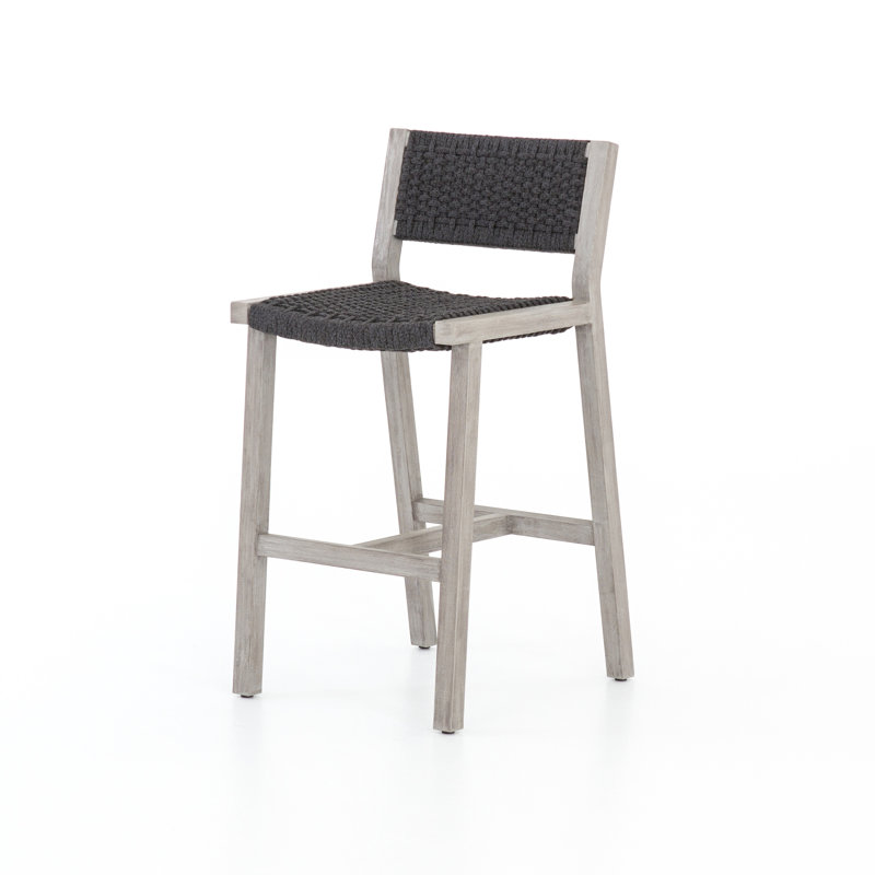 Delano Outdoor Teak Bar Stool, Bar Stool (29" Seat Height), Thick Gray Rope, Weathered Gray