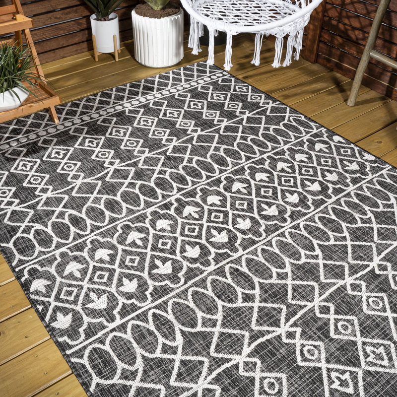 Rasime Tribal Bohemian Black/Ivory Indoor/Outdoor Rug, Rectangle 3'1" x 5'