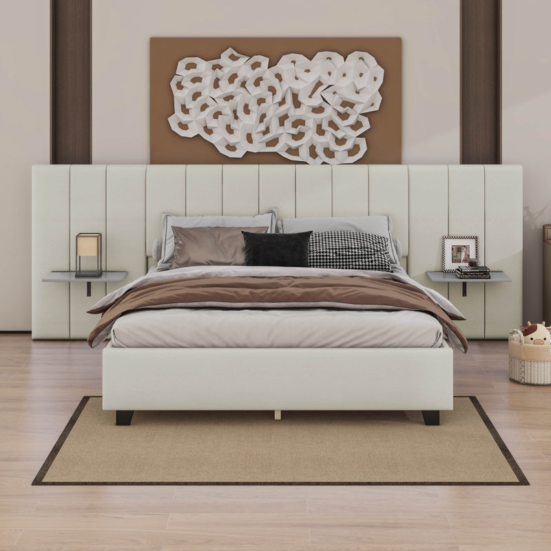 Upholstered Platform Bed with Big Headboard, Beige, Queen