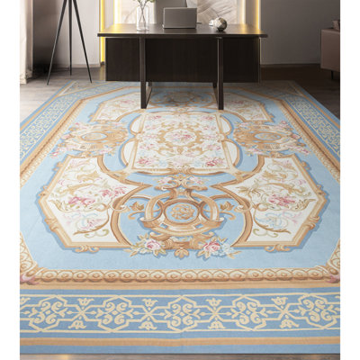 Tapis bleu et beige noué à la main de haute qualité