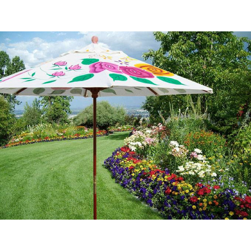 9' Wooden Umbrella with Hand Painted Cover, White/Pink/Yellow Rose