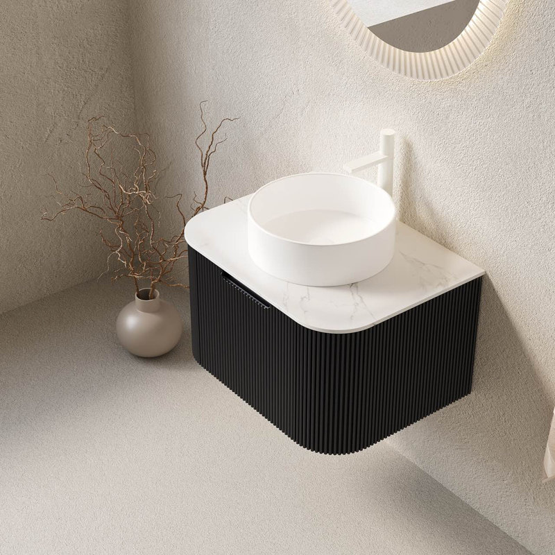 Meuble-lavabo de salle de bain 24 po Dina, armoire de rangement rayée à bords arrondis avec tiroir, lavabo rond en céramique blanche et plateau en pierre frittée blanc de Carrare, pré-assemblé, couleur noire