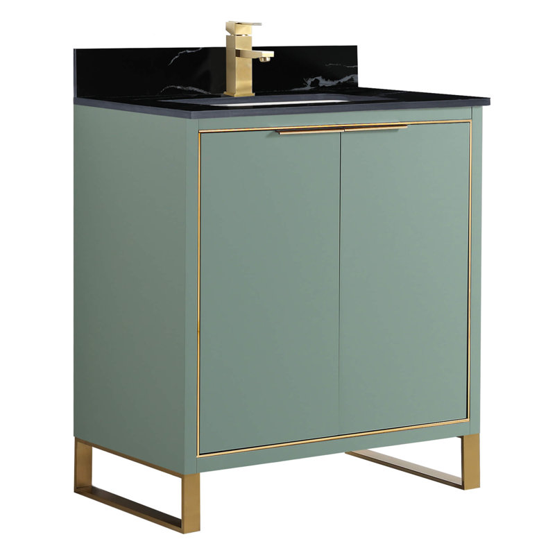 Ensemble de meuble-lavabo simple autoportant 30 po avec plateau en pierre Gesa, Vert menthe, Laiton satiné