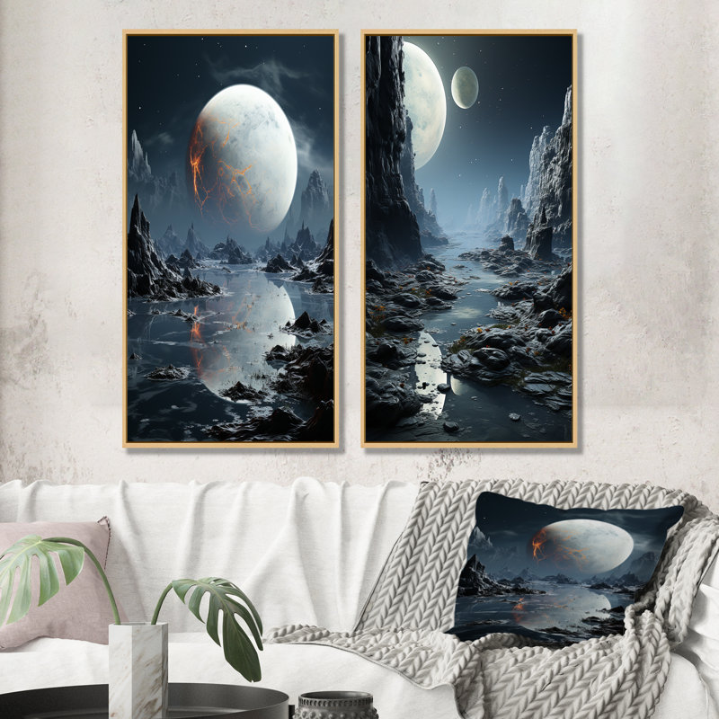 Cosmos I blanc et gris - planètes, ensemble de 2 impressions sur toile, Encadrement brun, H 28 po x l 25 po