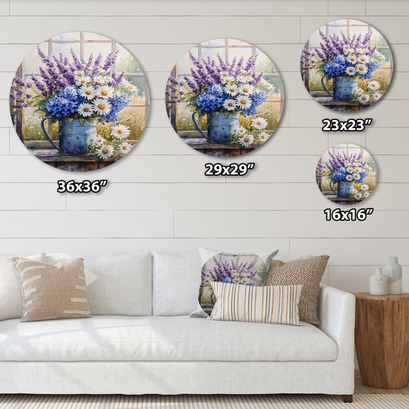 Lavande et bouquet de romarin à la ferme II - Bouquets assortis, art mural rond en métal, H 36 po x l 36 po