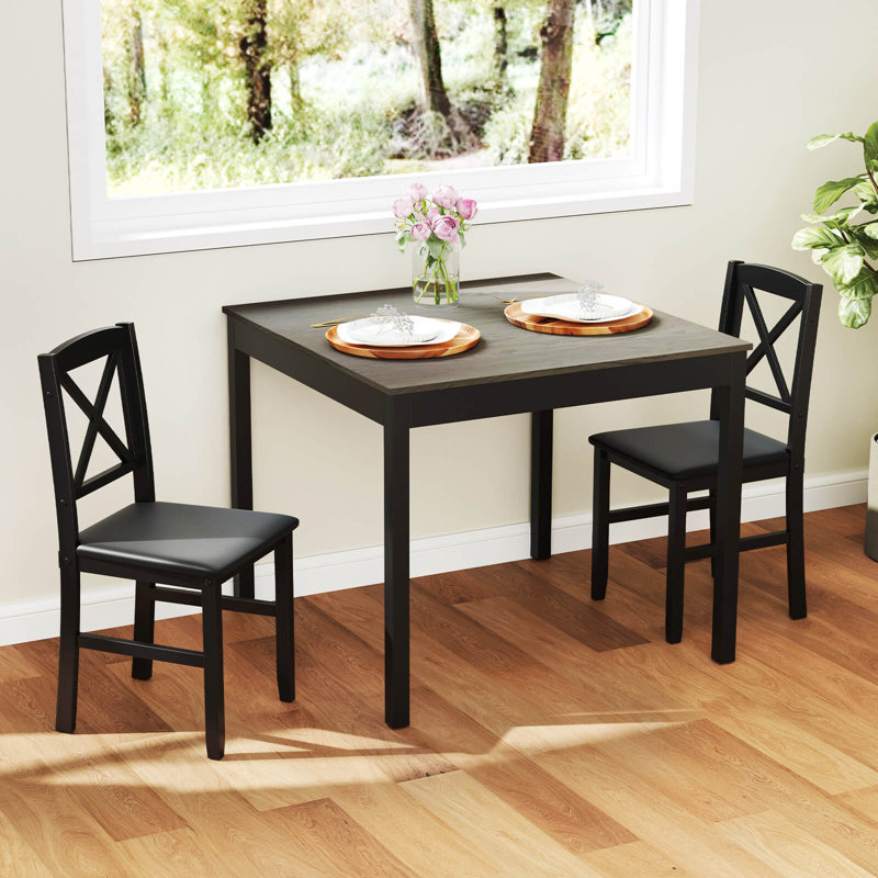3 Pcs Dining Table Set Wooden Square Kitchen Table With 2 Upholstered Chairs, Gray