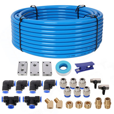 Air Push To Connect Kit: Complete 1/2" (OD) / 3/8" (ID) X 100-Feet TPEE Tubing Air Piping System,Blue Tubing