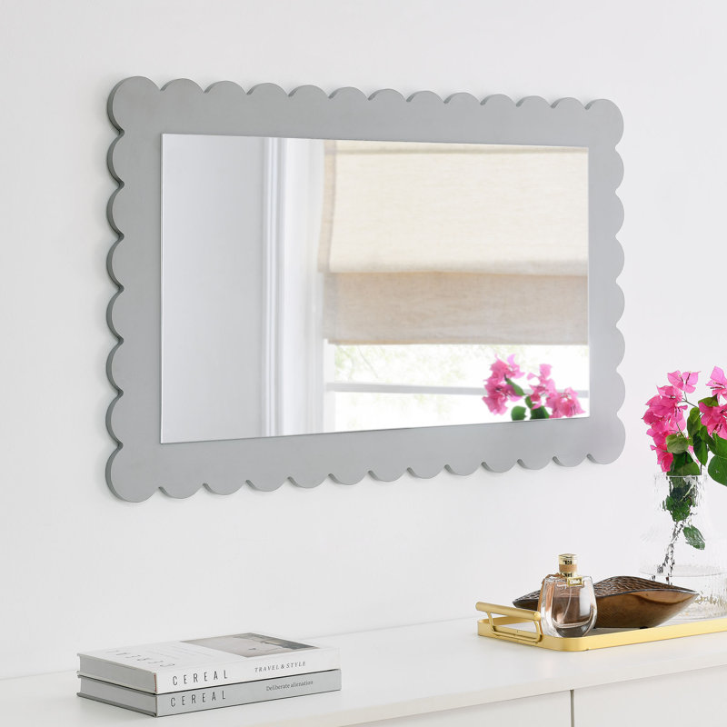 Emmeline Scalloped Rectangle Wall Mirror,  Light Gray, 36.22" x 22.44"