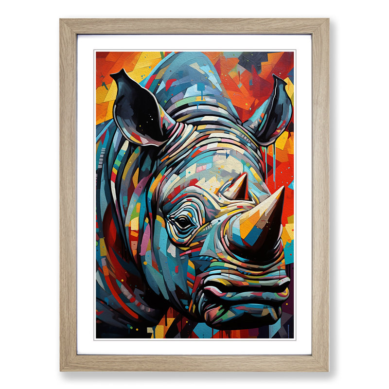 Rhino Constructivism - Single Picture Frame Print on Wood, Oak Framed, 34cm H x 25cm W x 2cm D