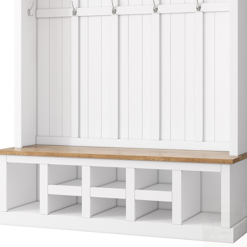Farmhouse Wooden Hall Tree With Storage Bench, 13 Compartments Shoe Cabinet, And 6 Hooks For Entryway Organization, White