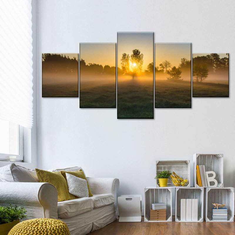 «Misty Meadow At Sunrise», reproduction d'art sur toile, H 24 po x l 55 po x P 1,25 po
