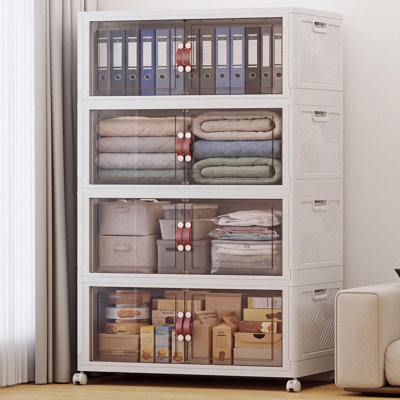 Extra Large 4-Tier Stackable Storage Bins with Lids & Wheels & Door, Foldable Collapsible Closet Organizers, Plastic Containers Drawers for Bedroom Dorm