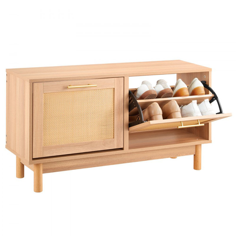 Entryway Shoe Bench, 39.4 x 11.8 x 20.9 Inch Rattan-Like Shoes Bench with 2 Flip Drawers, 300lbs Shoe Storage Rack with 4 Compartments and 2 Rattan Doors, for Hallway, Living Room, Bedroom