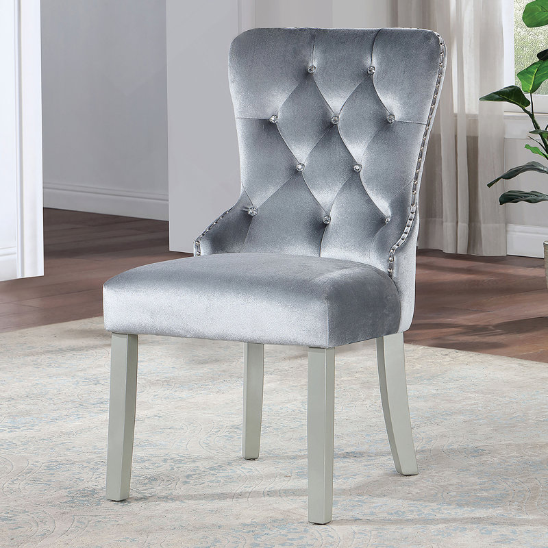 Chaises de salle à manger Glam gris foncé à oreilles en flanelle avec capitonnage en acrylique et garniture cloutée, ensemble de 2