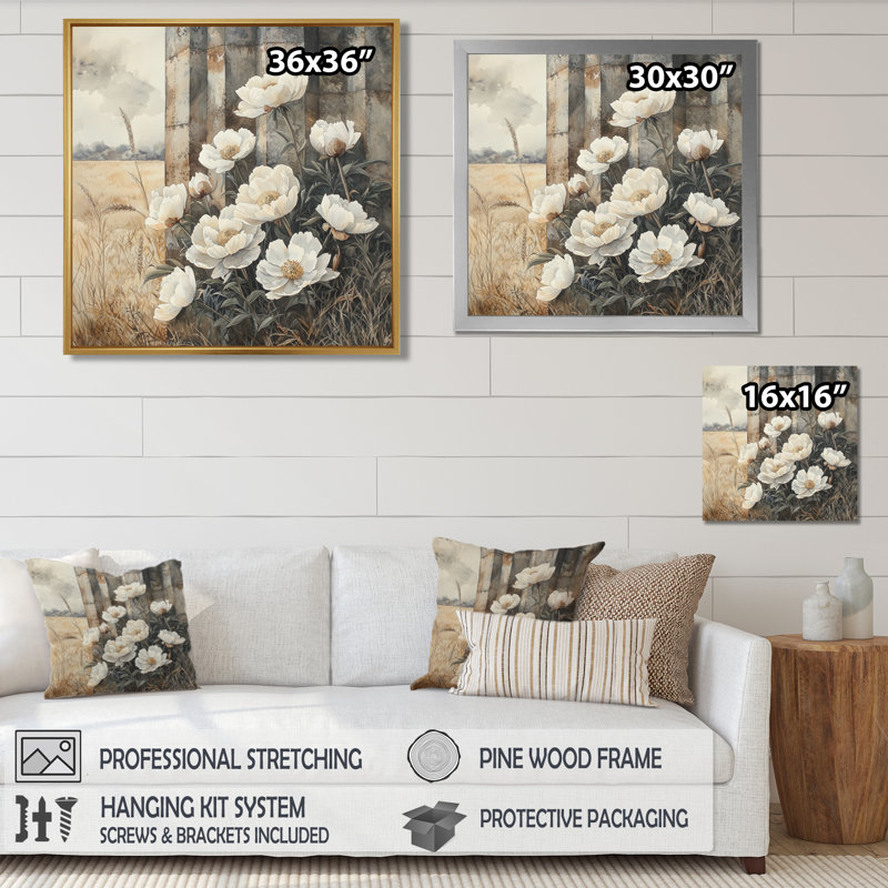 Hiver, pivoines par le silo - pivoines, art mural, H 36 po x l 36 po, Impression encadrée flottante, Noir, noir, noir, noir